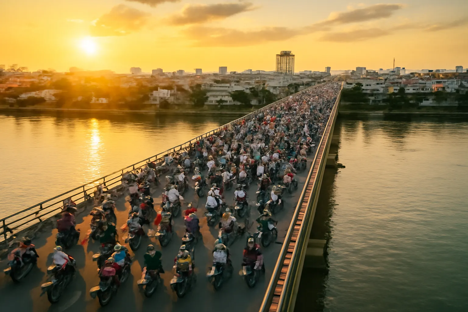 Dòng xe máy đông đúc trên cây cầu lúc hoàng hôn nhìn từ trên cao