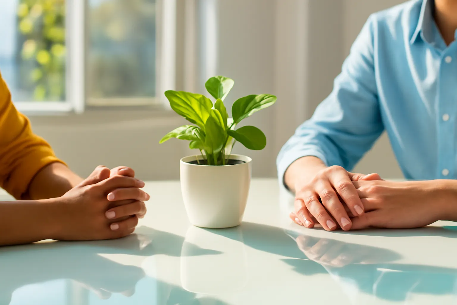 Hai bàn tay đặt trên mặt bàn kính sáng cạnh chậu cây nhỏ