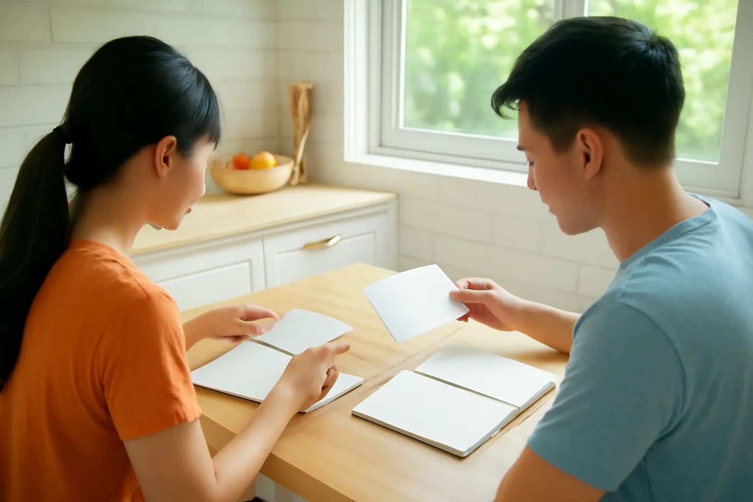 Đôi vợ chồng trẻ ngồi bàn bếp sắp xếp phong bì và sổ tay tính tiền mua nhà