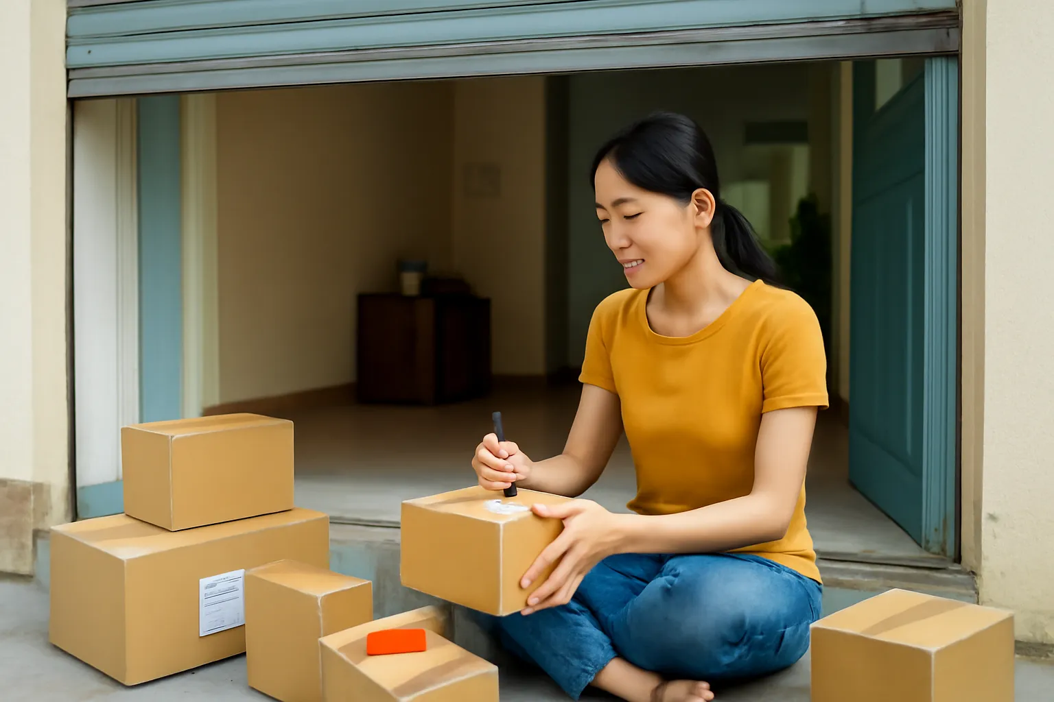 Người phụ nữ bán hàng trực tuyến đóng gói hàng trong nhà phố nhỏ