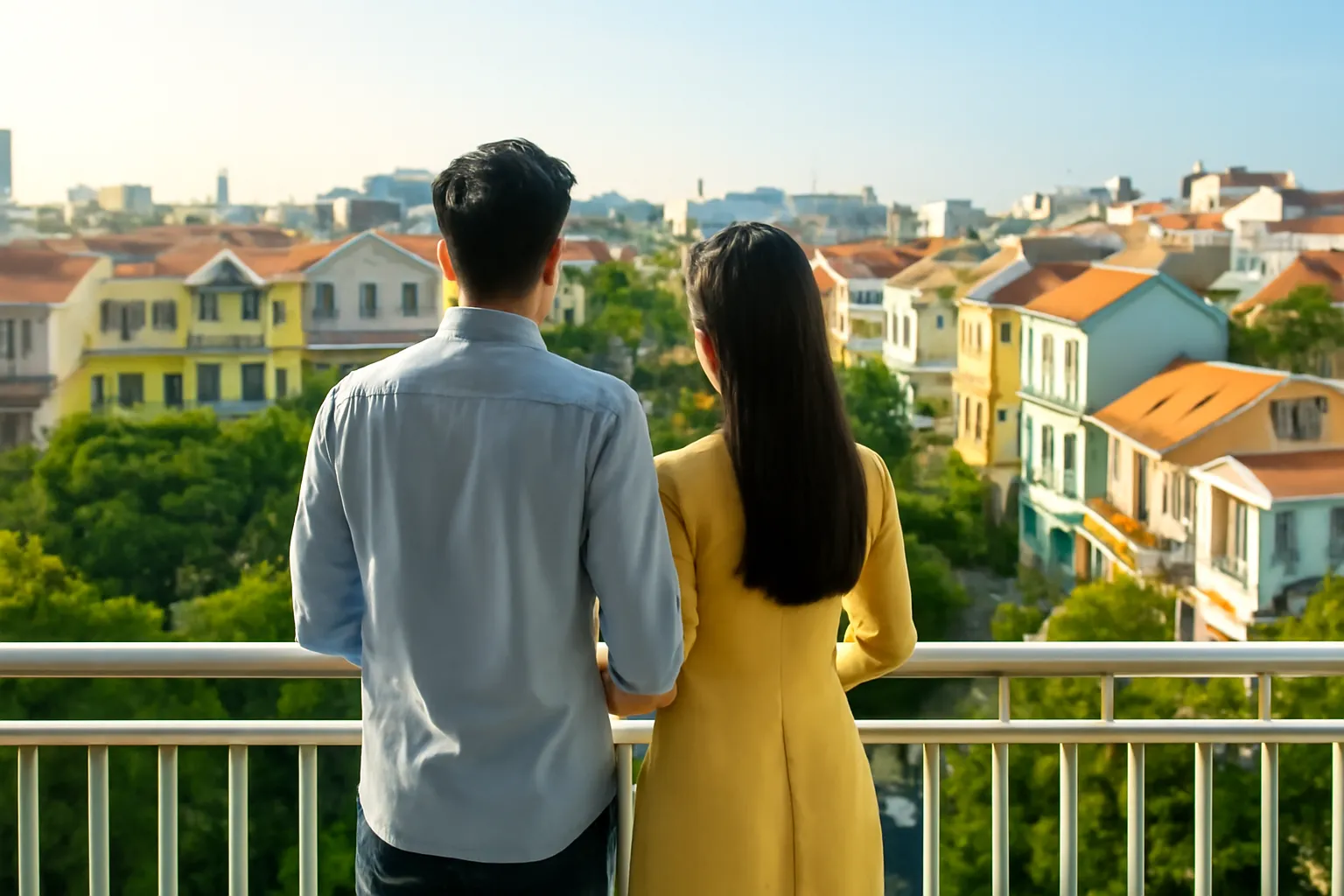 Hai vợ chồng đứng ban công nhìn ra dãy nhà phố trong nắng sớm