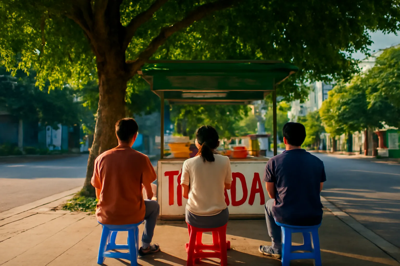 Ba người ngồi ghế đẩu quán trà đá vỉa hè dưới tán cây chiều