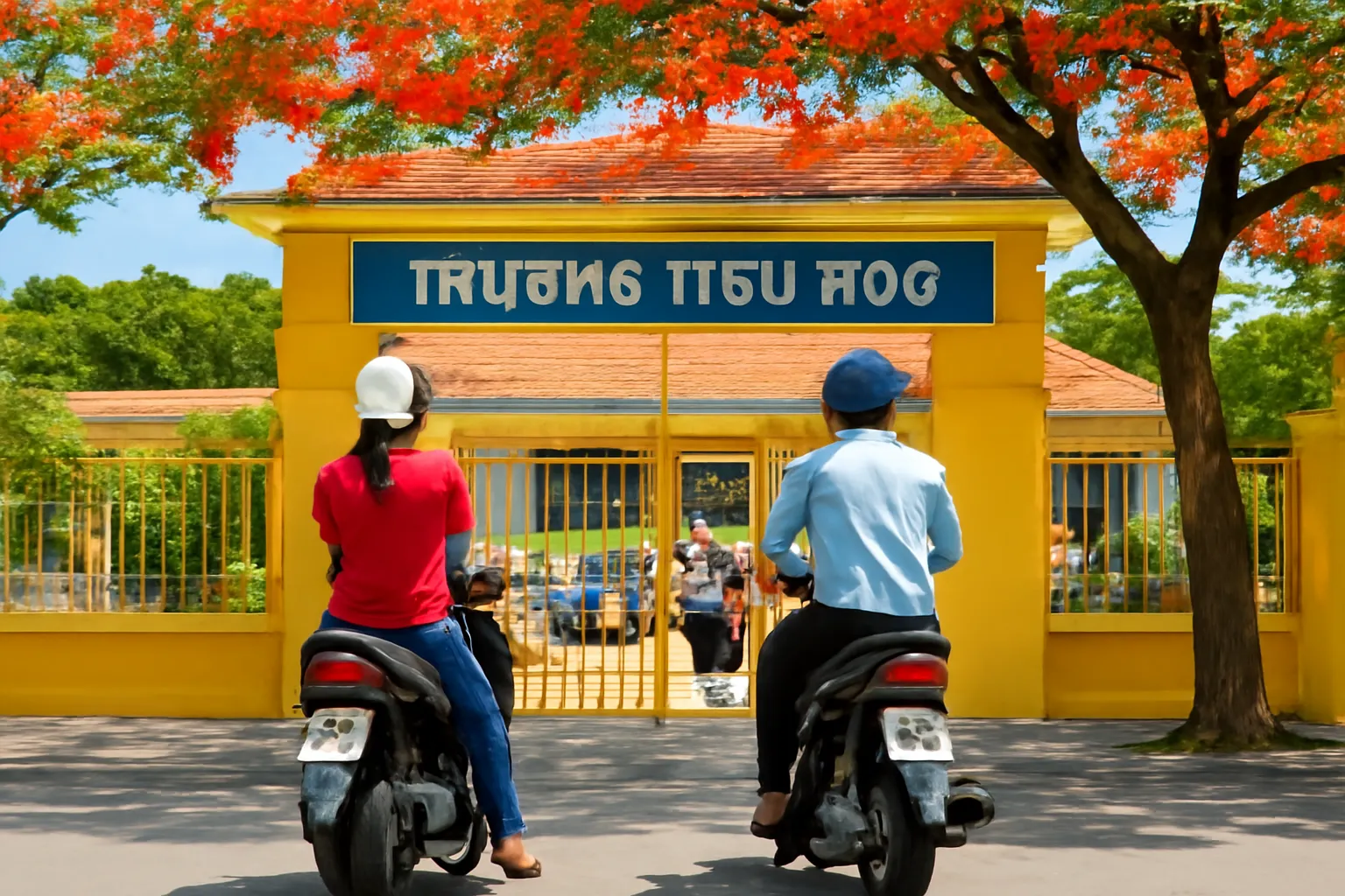 Phụ huynh dắt xe máy chờ trước cổng trường sơn vàng giờ tan học