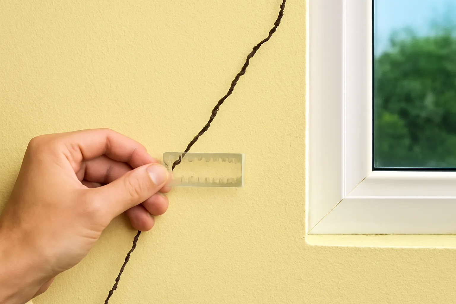 Bàn tay đặt thước cạnh vết nứt chéo ở góc khung cửa sổ tường vàng