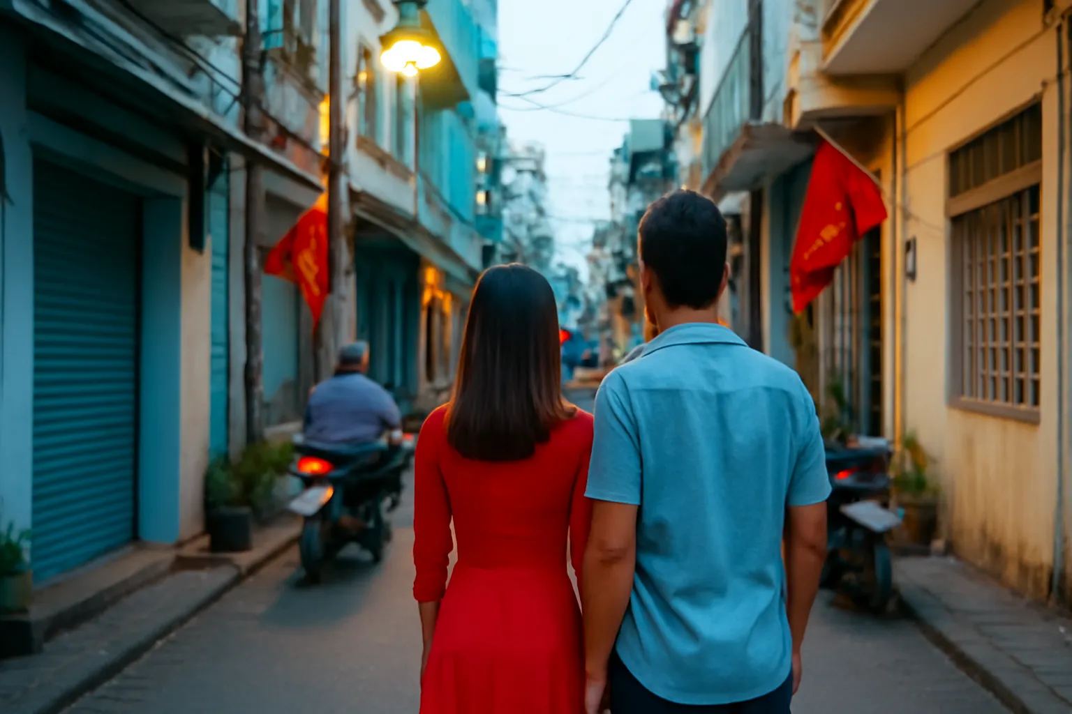 Cặp vợ chồng đứng đầu hẻm lúc chạng vạng quan sát căn nhà định mua